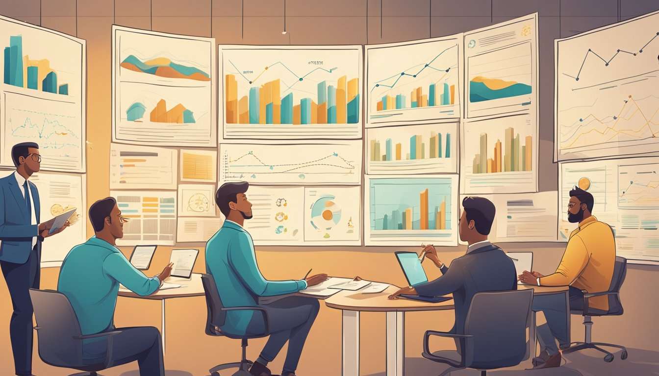 A group of startup founders brainstorming solutions to common challenges in investment and growth financing. Charts and diagrams cover the walls as they strategize