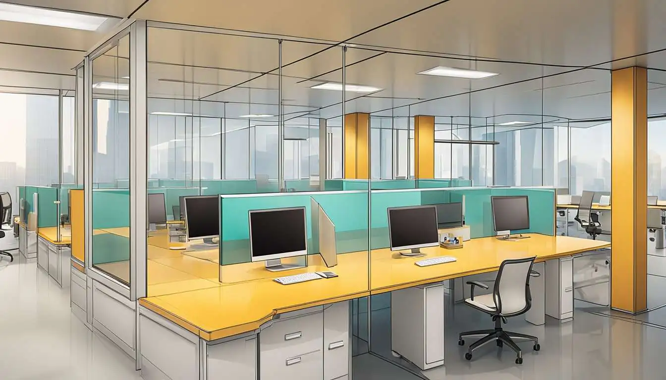 A modern office setting with barriers symbolized by walls and obstacles, representing the challenges of innovation and change management in a corporate environment