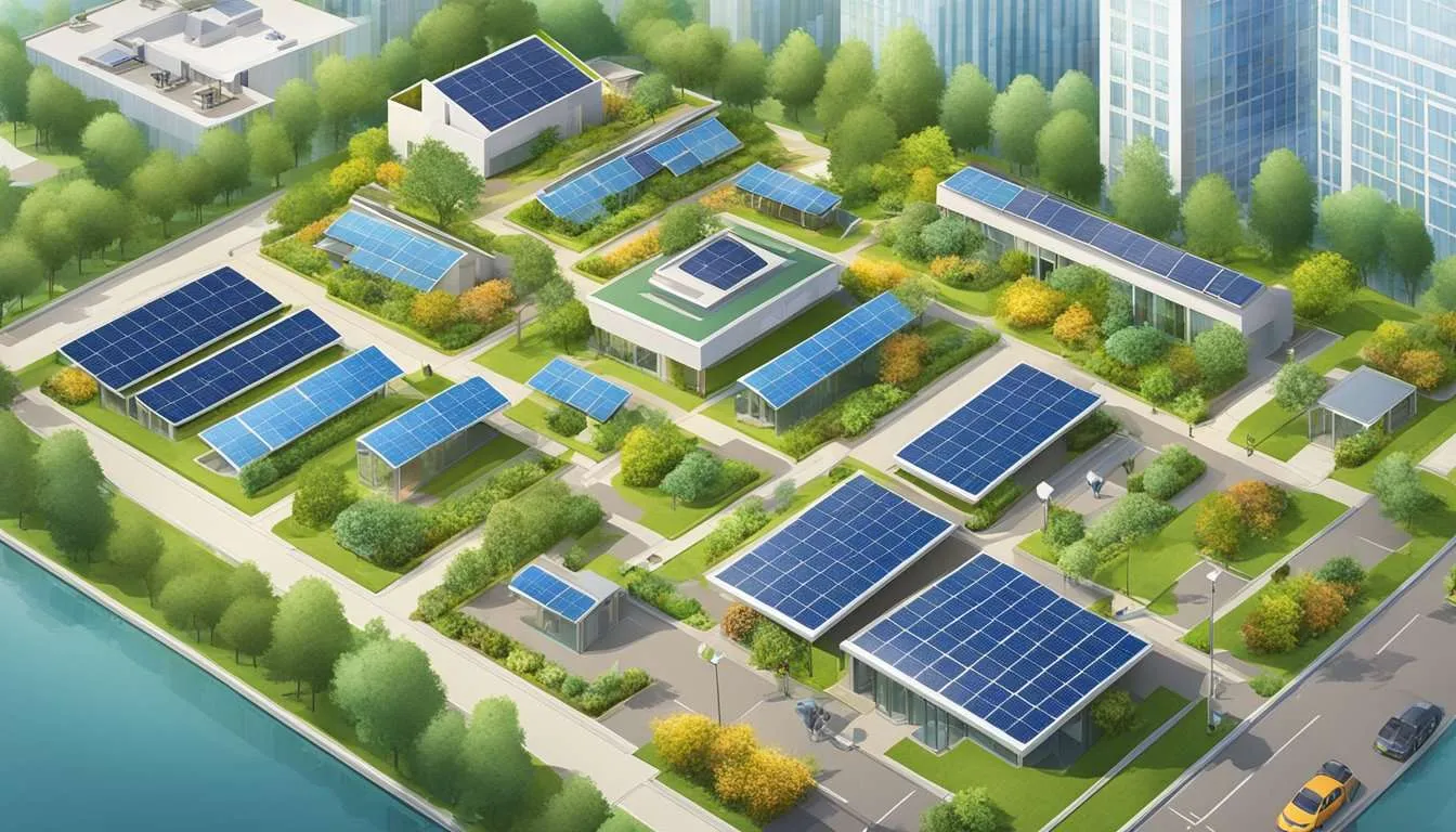 A group of buildings with solar panels, green roofs, and efficient water systems. The surrounding area is landscaped with native plants and features bike racks