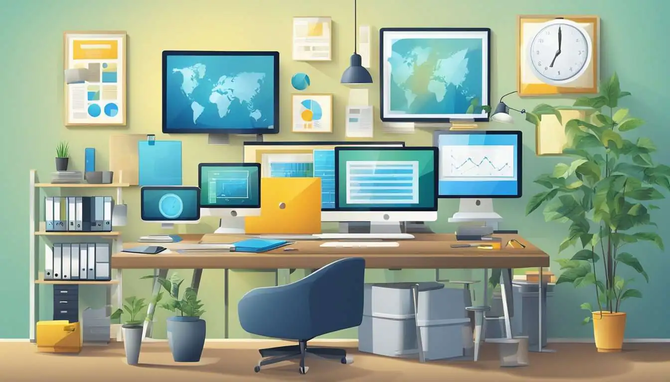 A modern office setting with various technological devices and tools, representing the challenges and opportunities of managing change and innovation in a business context