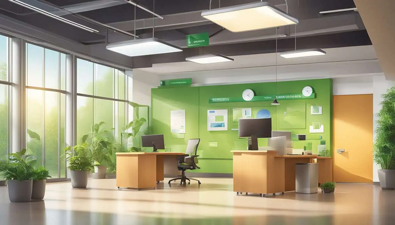 A corporate office with eco-friendly practices. Recycling bins, energy-efficient lighting, and greenery in the workspace. Sustainability reports on display