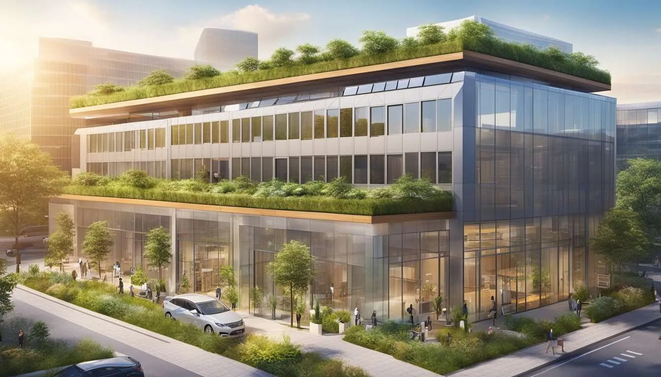 A modern office building with solar panels on the roof, recycling bins, and greenery surrounding the exterior. The building is bustling with employees working in sustainable and innovative ways