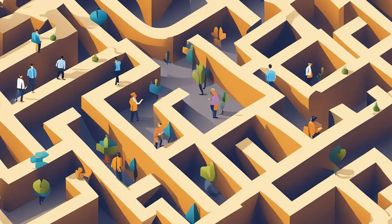 A group of employees navigating through a maze of obstacles, representing the challenges of managing change and innovation in a corporate setting