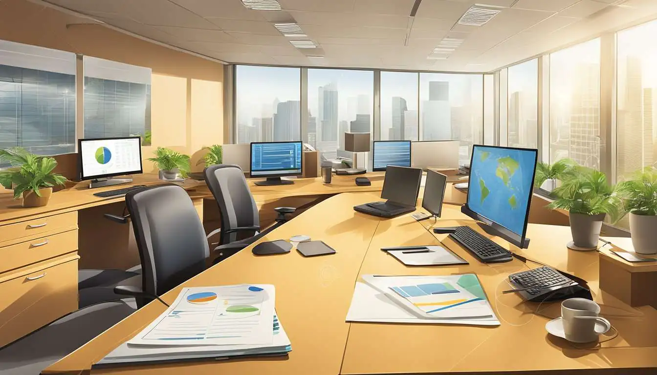 An office scene with a desk, computer, and charts displaying sustainable reporting and communication efforts in a corporate setting