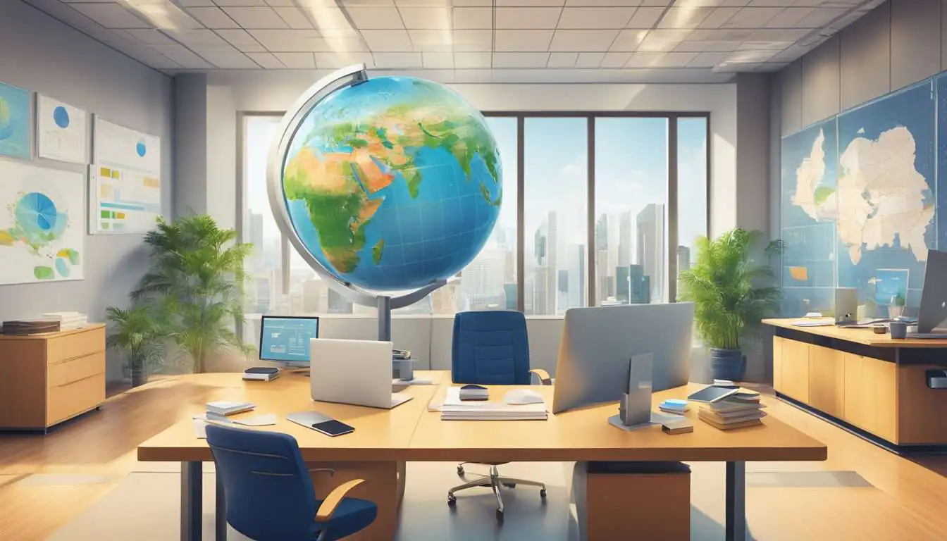 A corporate office with a globe on a desk, surrounded by charts and graphs showing sustainable impact