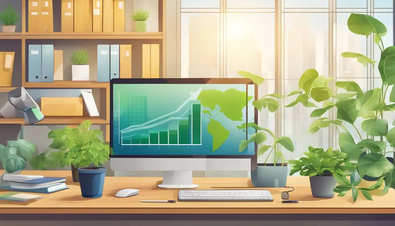 An office desk with a computer, paperwork, and a plant. A graph showing sustainable impact