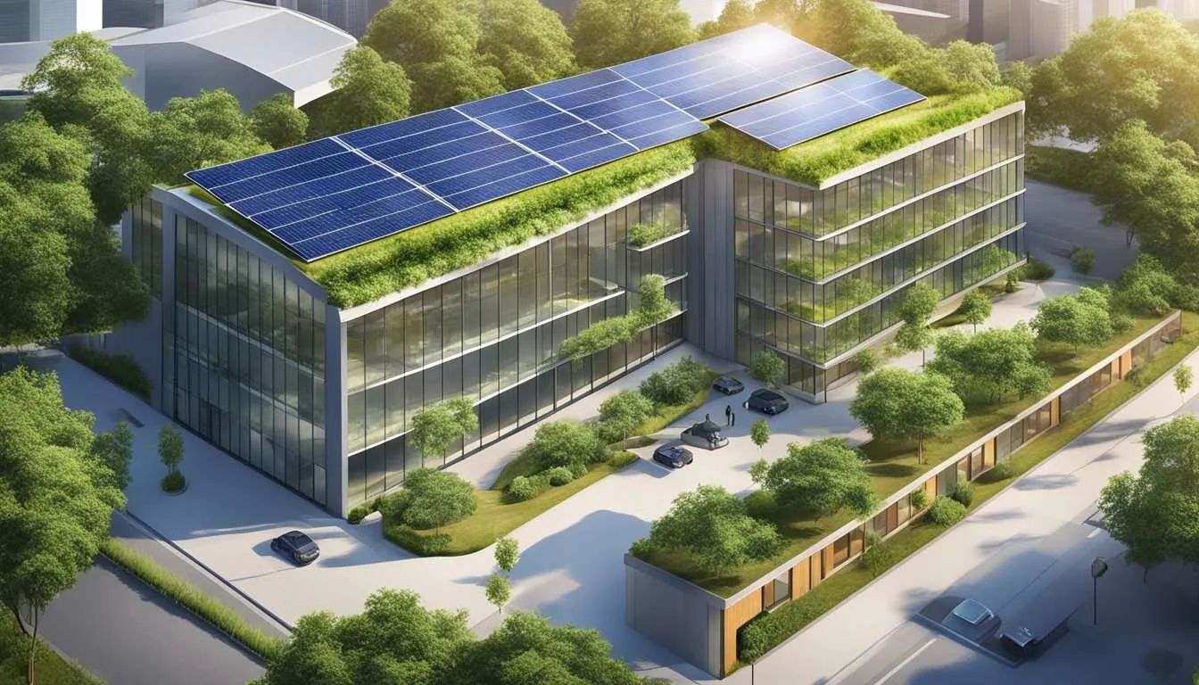 A sustainable office building with solar panels and greenery, showcasing successful corporate sustainability initiatives