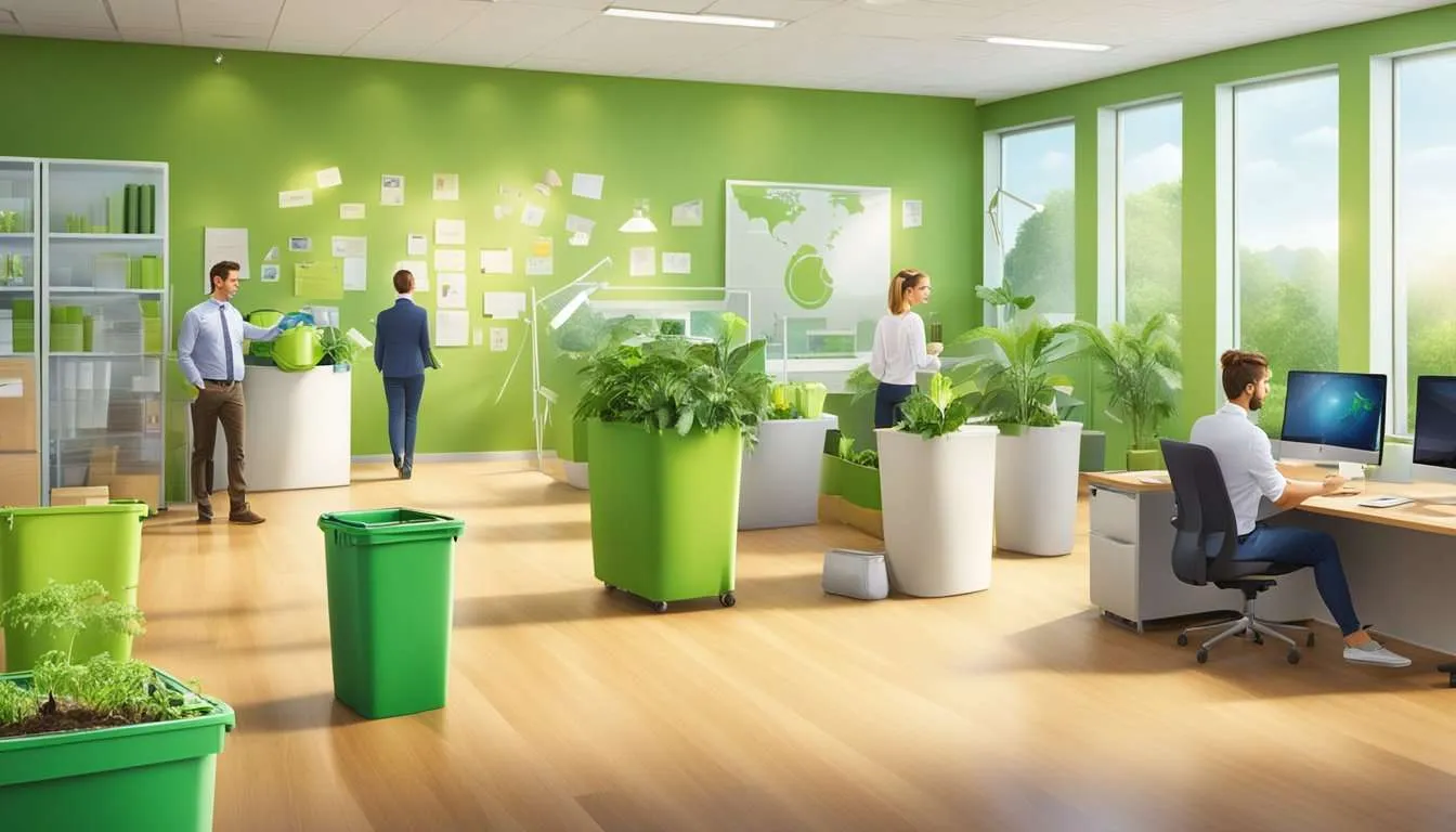 A sustainable company's office with green energy sources, recycling bins, and employees using eco-friendly products