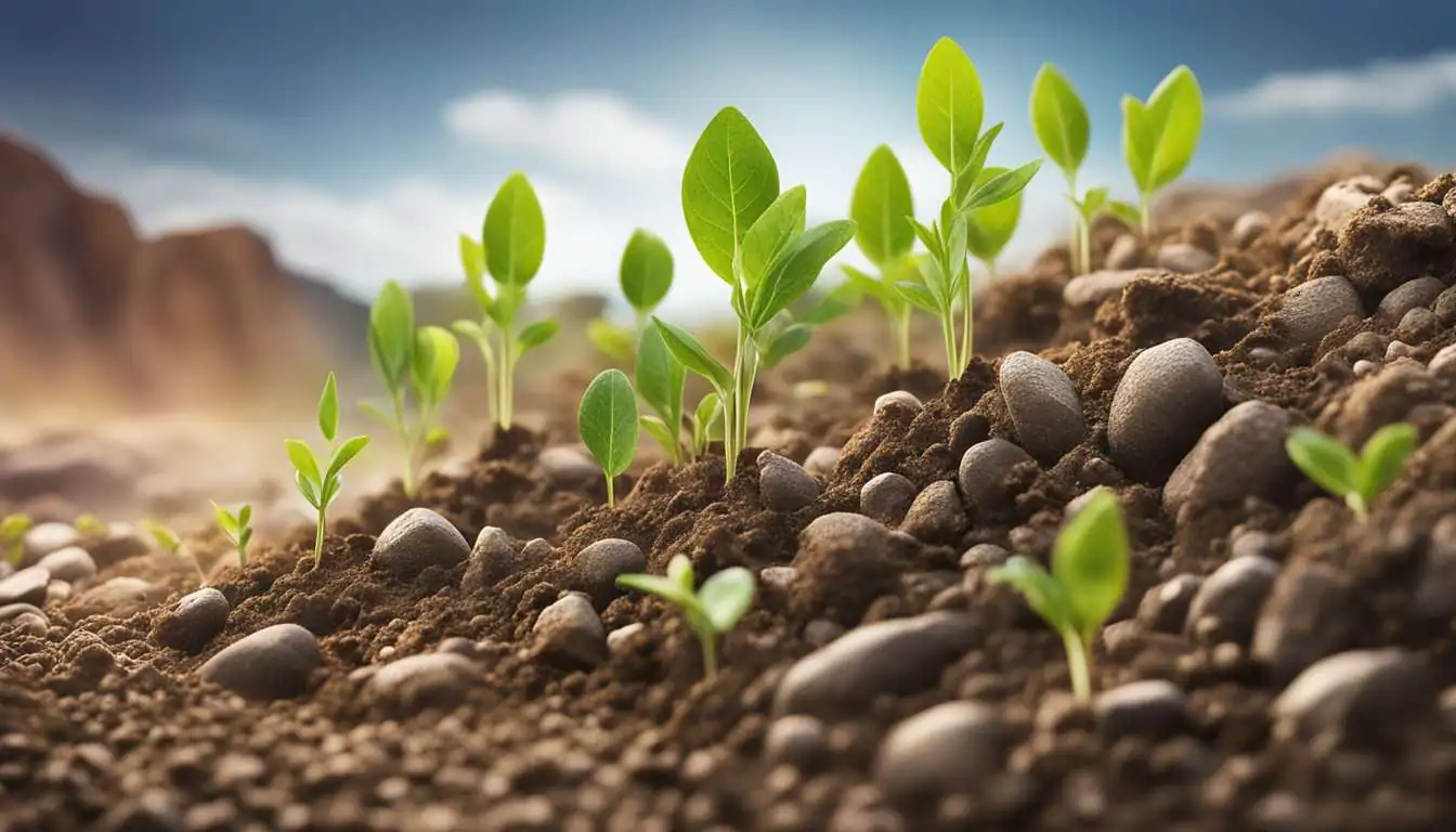 A group of small seedlings pushing through the rocky soil, symbolizing the challenges faced by startups and the determination needed to overcome them