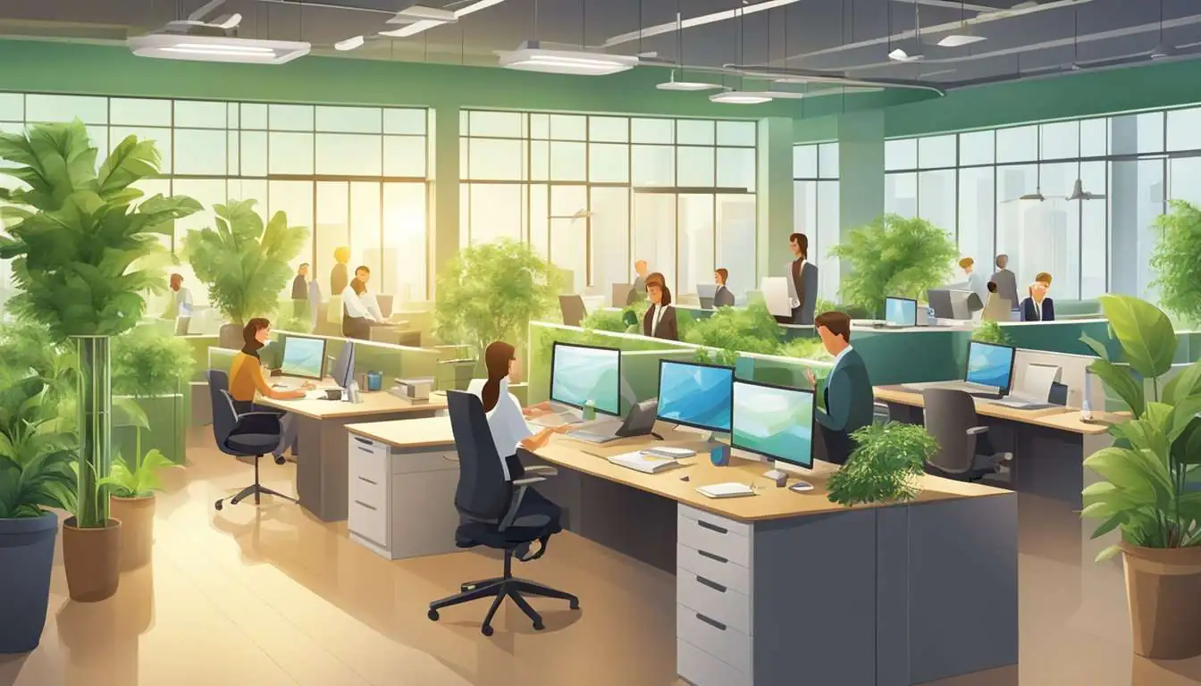 A bustling office with employees using sustainable practices. Recycling bins, energy-efficient lighting, and green plants adorn the workspace